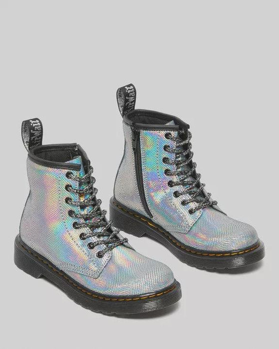 DR MARTENS Juniors Lace Boot w Zip - Silver/Glory Iridescent Reptile - The Kids Store