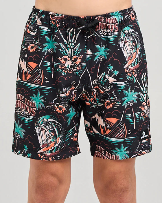 THE MAD HUEYS - SHE'LL BE RIGHT SWIM SHORTS BLACK