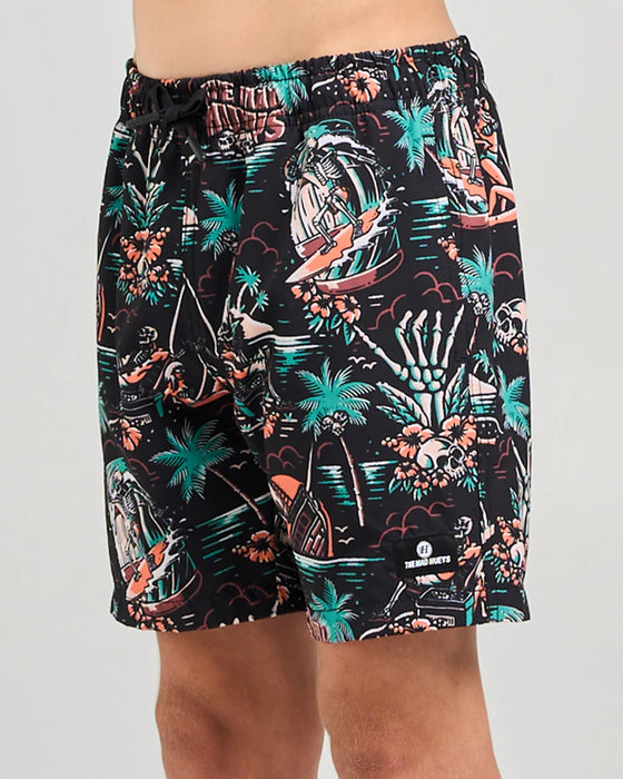 THE MAD HUEYS - SHE'LL BE RIGHT SWIM SHORTS BLACK