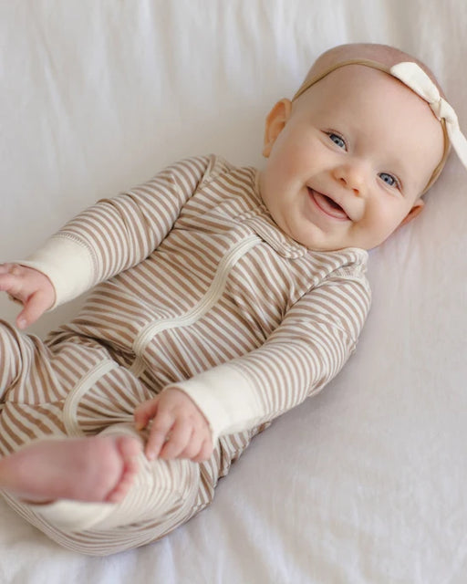 QUINCY MAE - ZIP LONG SLEEVE SLEEPER ALMOND STRIPE
