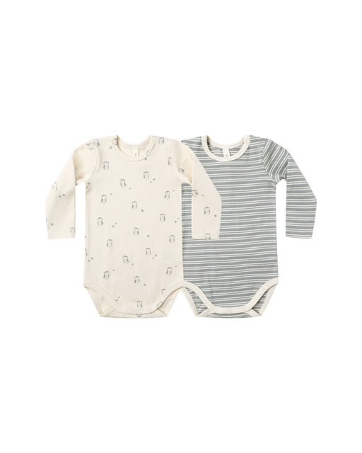 QUINCY MAE - RIBBED BODYSUIT 2PACK STEEL BLUE STIPE/OWLS