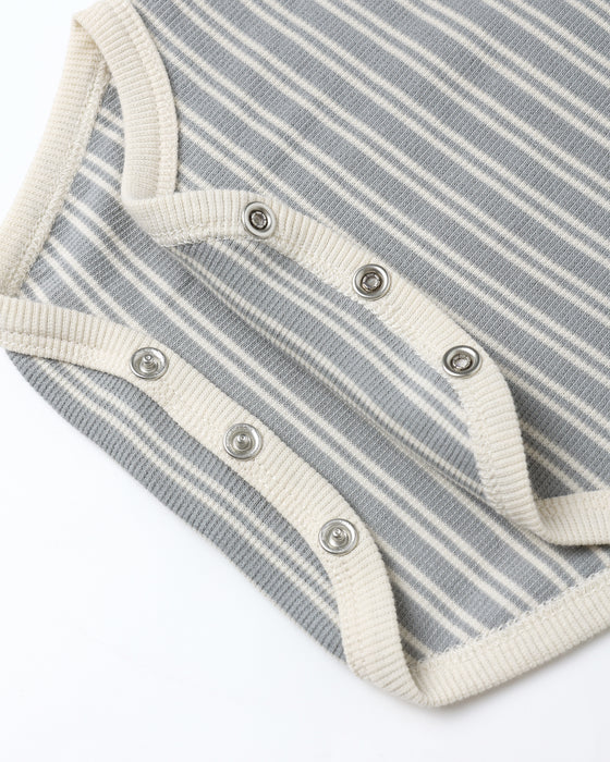 QUINCY MAE - RIBBED BODYSUIT 2PACK STEEL BLUE STIPE/OWLS