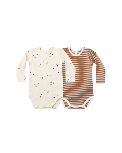QUINCY MAE - RIBBED BODYSUIT 2PACK CEDAR STRIPE/ACORNS