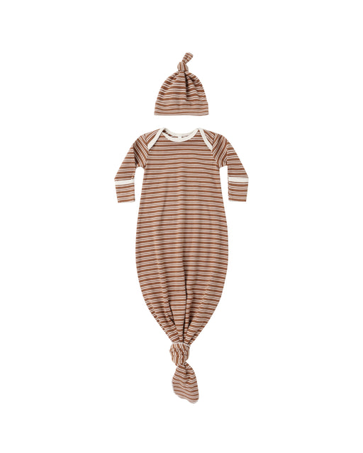QUINCY MAE - KNOTTED BABY GOWN & HAT SET CEDAR STRIPE