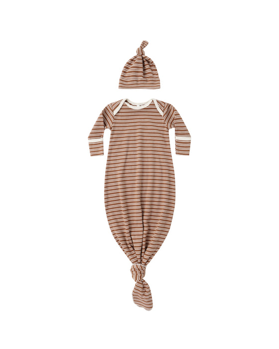 QUINCY MAE - KNOTTED BABY GOWN & HAT SET CEDAR STRIPE