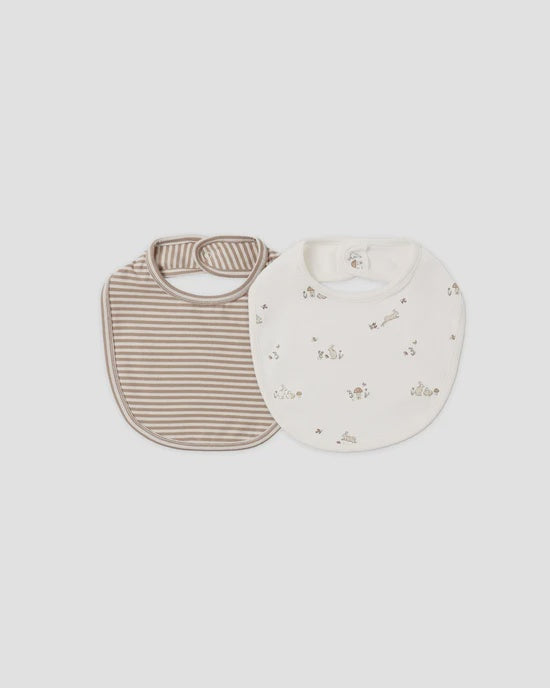 QUINCY MAE - SNAP BIB 2 PACK BUNNIES + ALMOND STRIPE