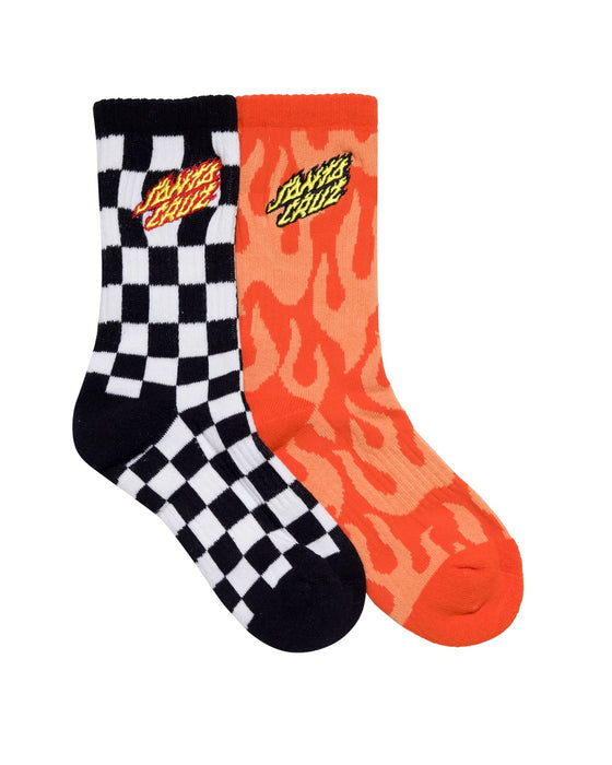 SANTA CRUZ - FLAMING STACK CREW SOCK 2PACK ORANGE FLAME BLACK CHECK