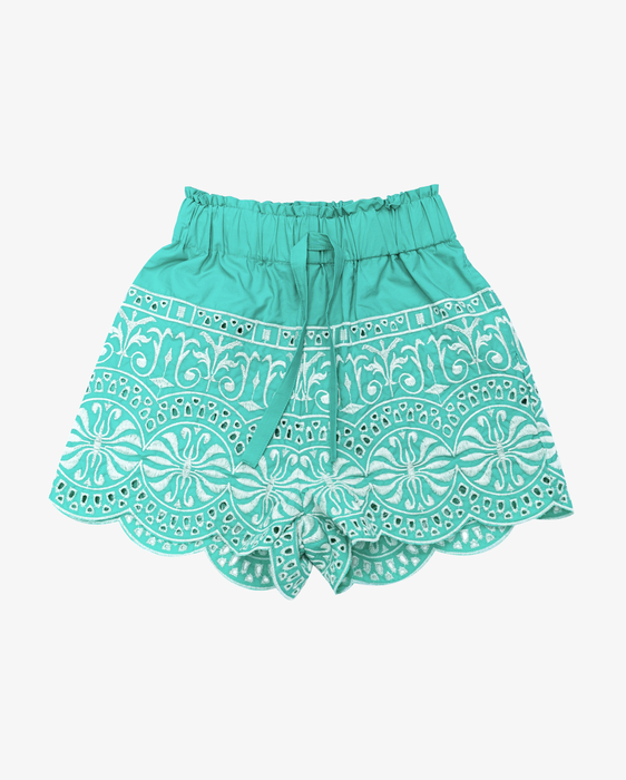 THE GIRL CLUB - TEAL BORDER EMBROIDERY SHORTS