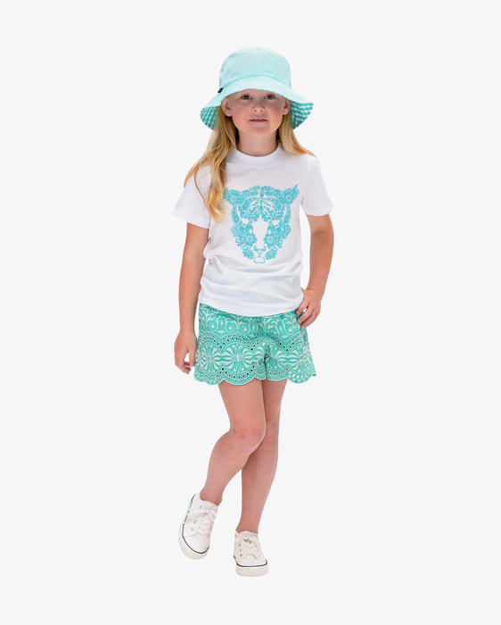 THE GIRL CLUB - TEAL BORDER EMBROIDERY SHORTS