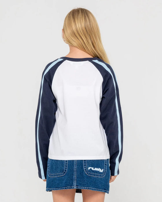 RUSTY - SPORTY R RAGLAN LS GIRLS TEE NAVY WHITE