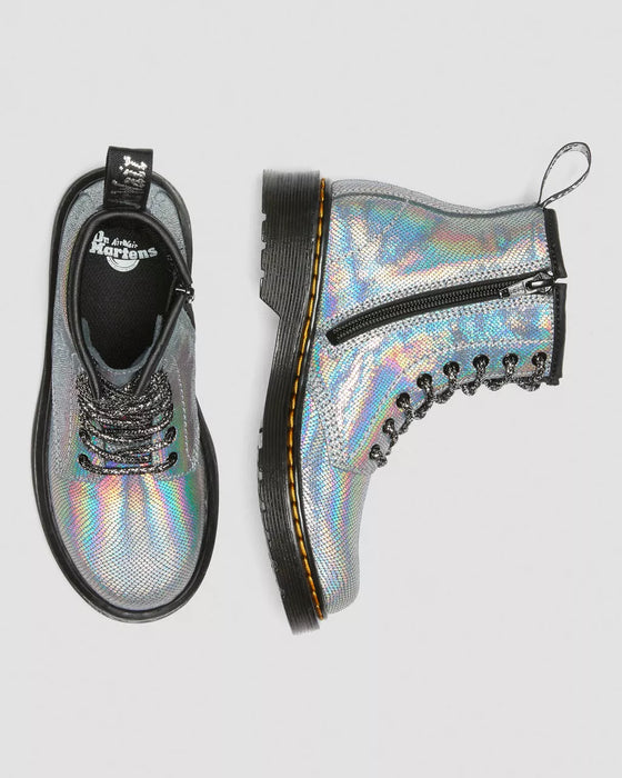 DR MARTENS Juniors Lace Boot w Zip - Silver/Glory Iridescent Reptile - The Kids Store