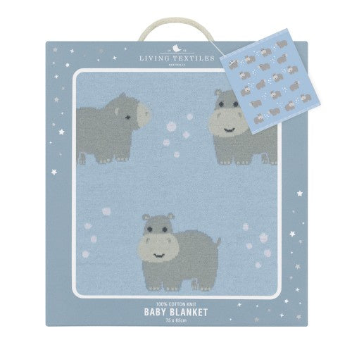 LIVING TEXTILES Cotton Knit Baby Blanket - Hippo/Blue